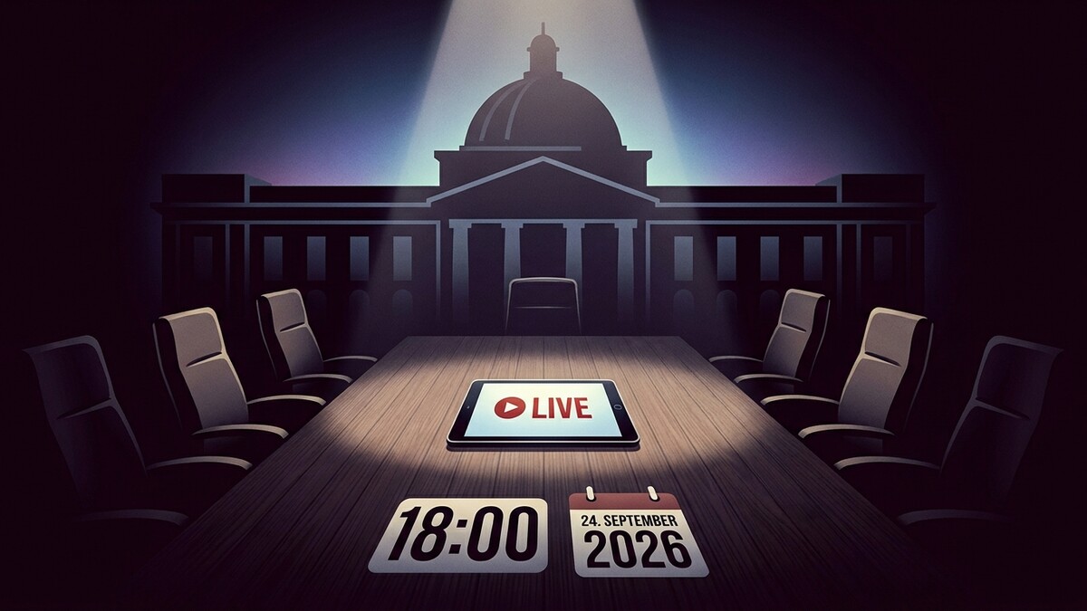 Konferenzraum mit Tablet und Datum: 24. September 2026, 18:00 Uhr