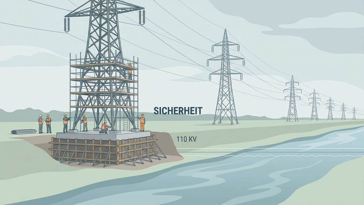 Stromleitungsmast im Bau mit Arbeitern, daneben weitere Masten und Fluss