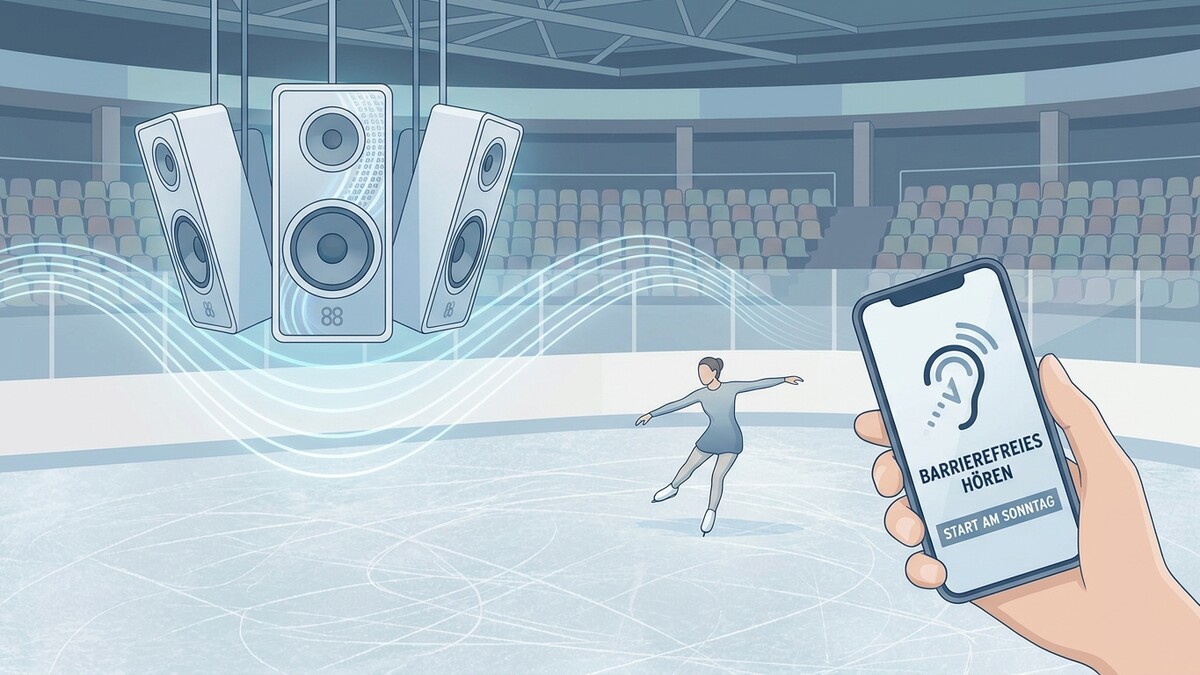 Eisläuferin in der Halle mit Lautsprechern und Smartphone für barrierefreies Hören