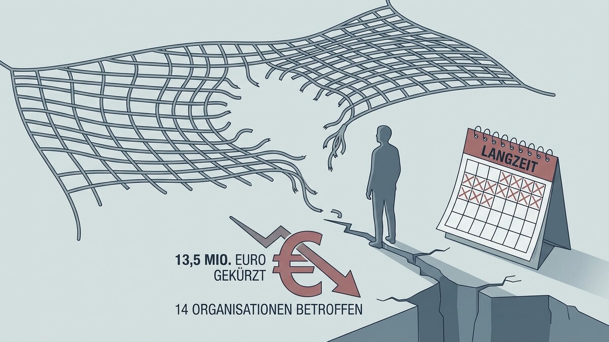 Sicherheitsnetz zerrissen, Mann steht vor Abgrund, Kalender mit Kreuzen, Euro-Symbol mit Pfeil nach unten