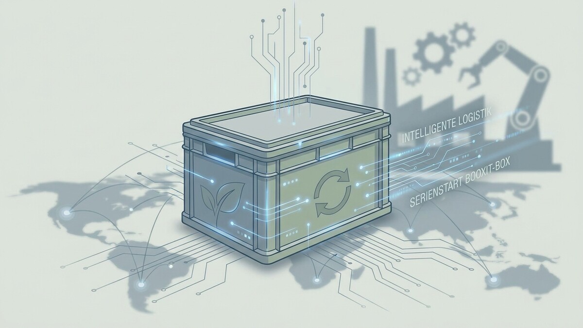 Intelligente Logistik: Eine Box mit Blatt- und Recycling-Symbol vor Fabrikkulisse mit Roboterarm.
