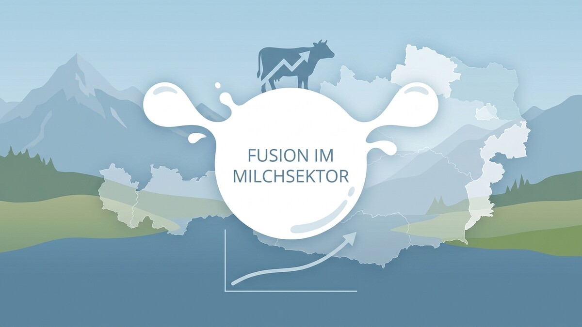 Milchfusion: Kuh mit Wachstumspfeil vor Bergkulisse und Österreichkarte