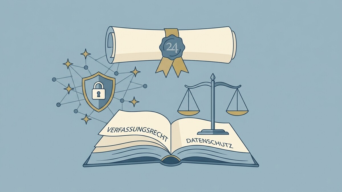 Datenschutz und Verfassungsrecht: Siegel, Waage und Buch auf hellblauem Hintergrund