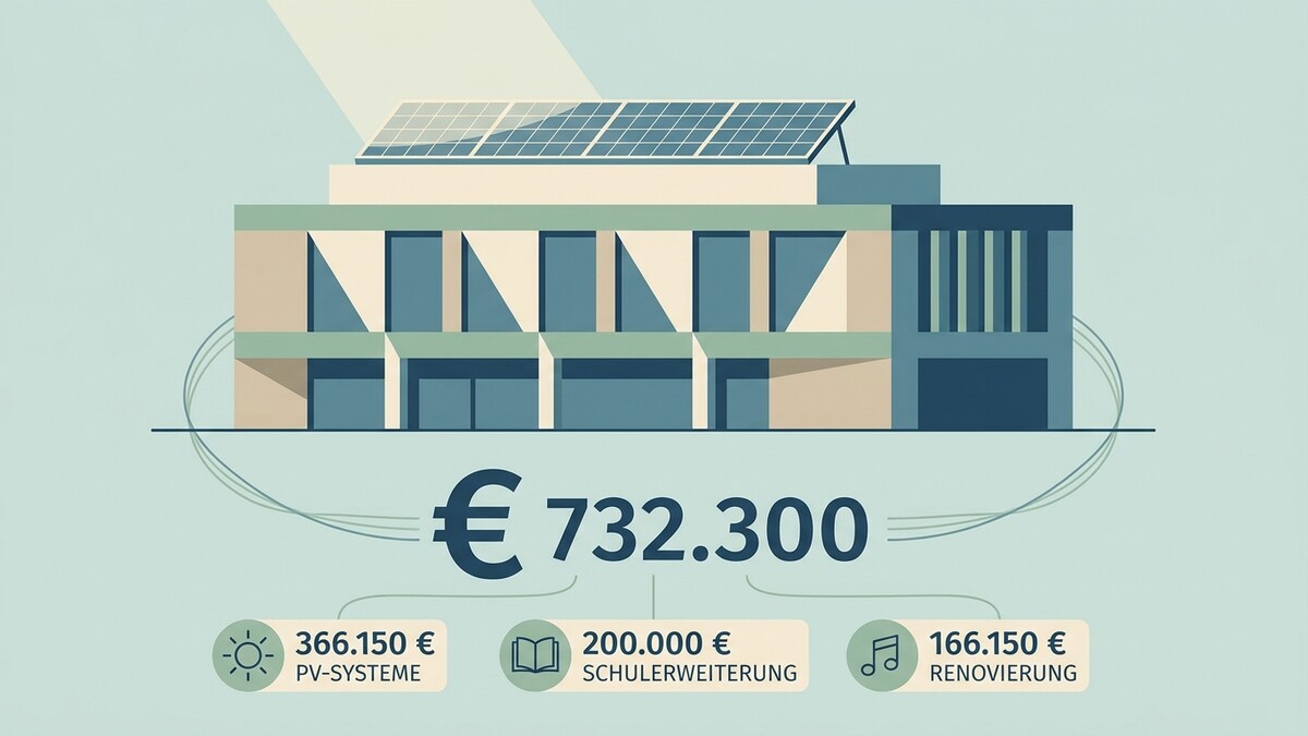 Gebäude mit PV-Anlagen und Kostenaufschlüsselung: 366.150 € PV-Systeme, 200.000 € Schulerweiterung, 166.150 € Renovierung