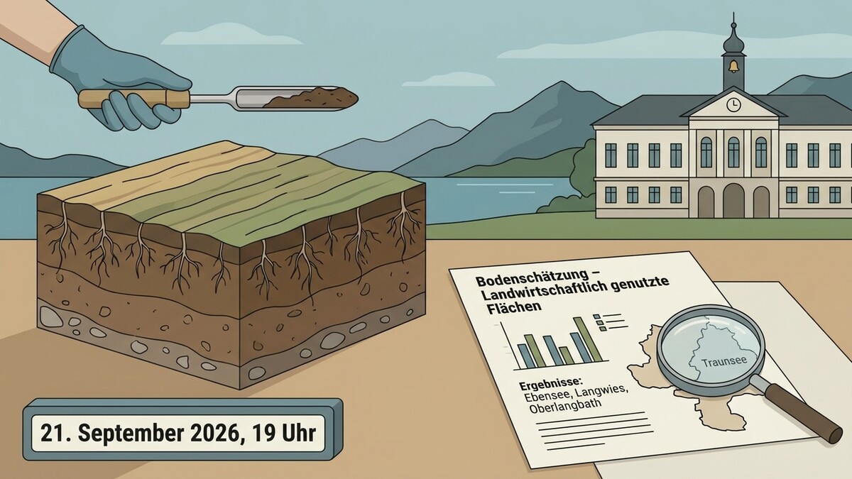 Bodenprobe mit Spaten, Bodenschichten, Traunsee-Karte, Gebäude und Berge