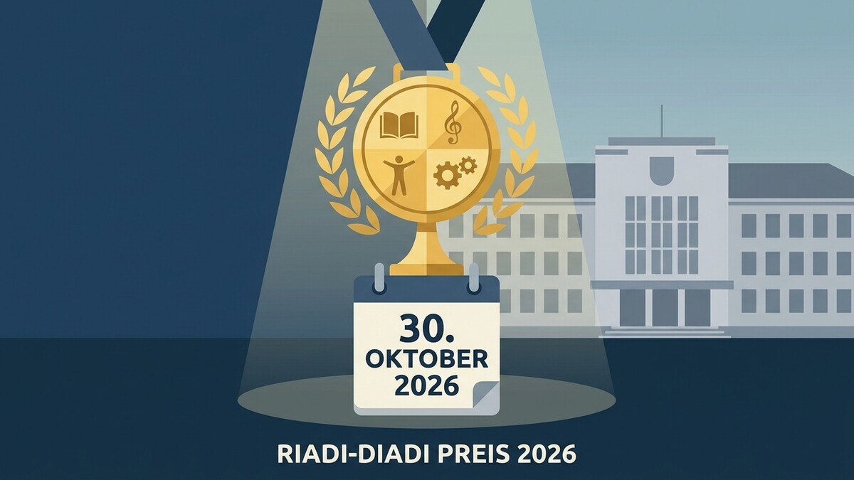 RIADI-DIADI Preis 2026 am 30. Oktober, goldene Trophäe vor Gebäude
