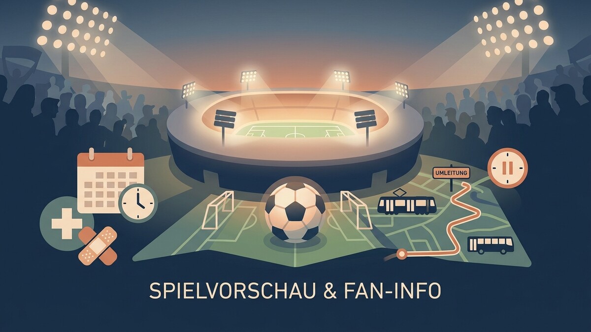 Fußballstadion mit Fans, Spielübersicht, Fan-Info, Kalender, Uhr, Erste Hilfe, Umleitung, Tram und Bus
