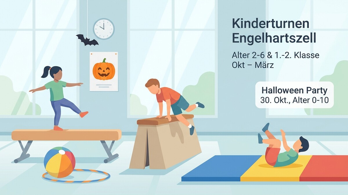 Kinderturnen Engelhartszell: Kinder üben auf Turngeräten, Kürbisbild, Fledermaus, Halloween-Party
