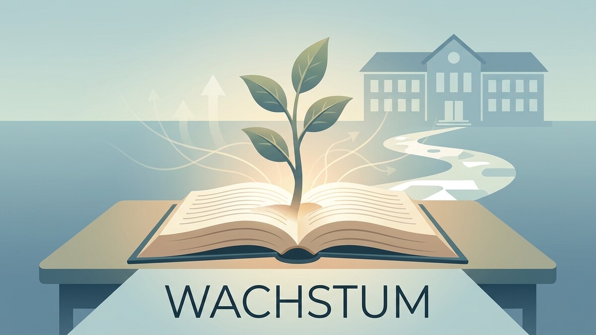 Wachstum: Ein offenes Buch mit einem grünen Pflänzchen und einem Weg zu einem Schulhaus