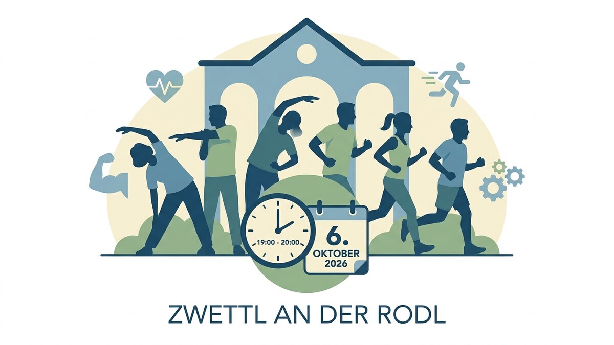 Zwettl an der Rodl: Menschen beim Sport vor Gebäude, Kalender zeigt 6. Oktober 2026