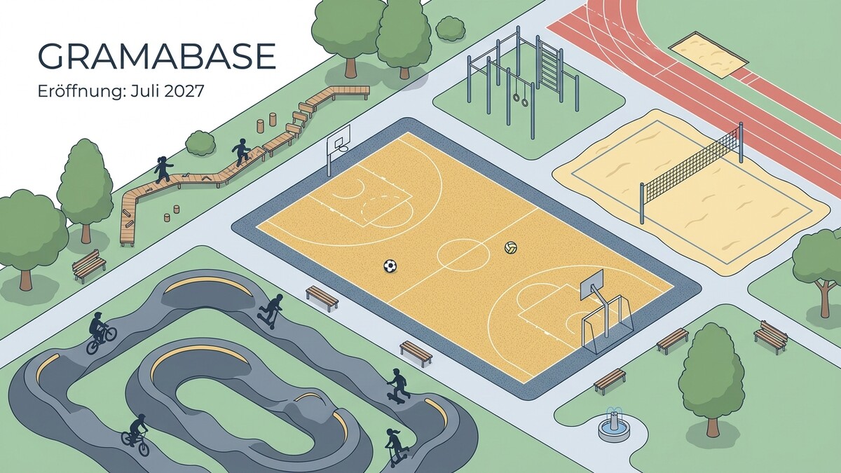GRAMABASE Eröffnung Juli 2027: Sportanlage mit Basketballplatz, Beachvolleyballfeld, Laufbahn und Pumptrack