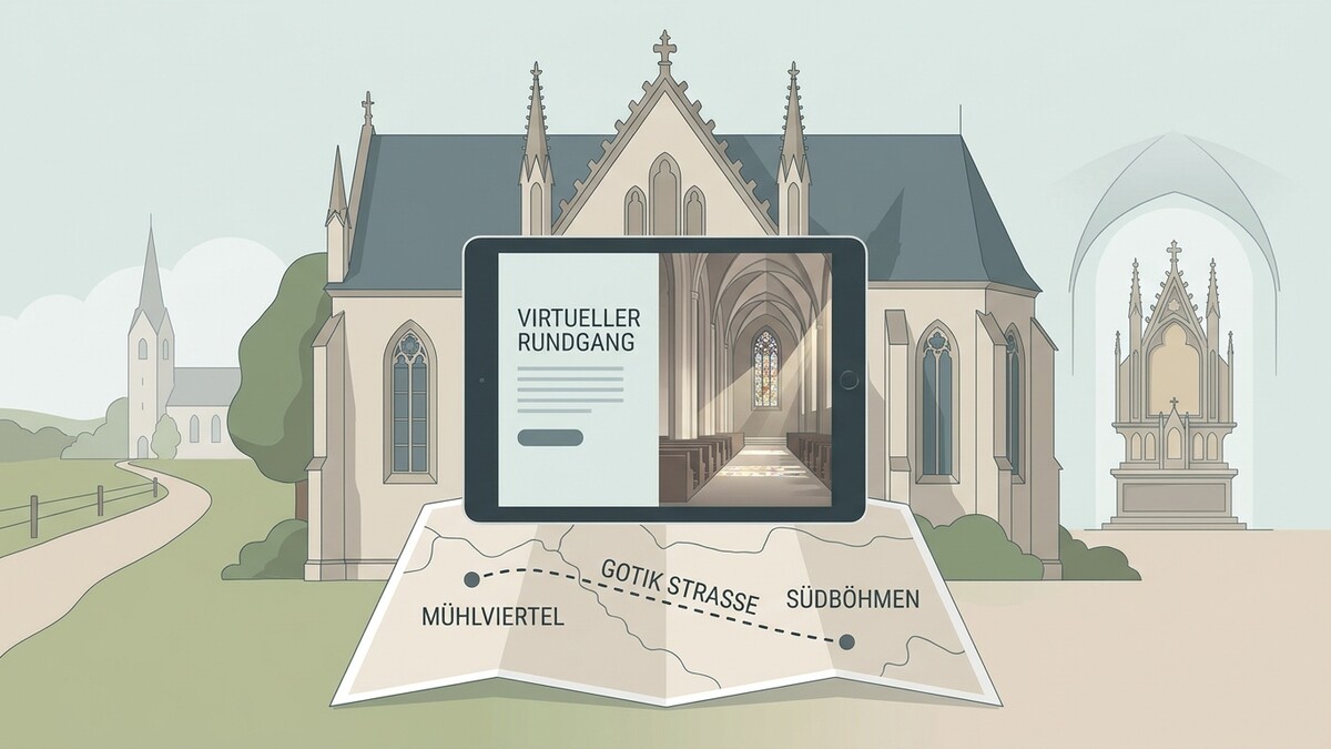 Virtueller Rundgang auf Tablet über Karte mit Mühlviertel, Gotik Straße und Südböhmen vor Kirche