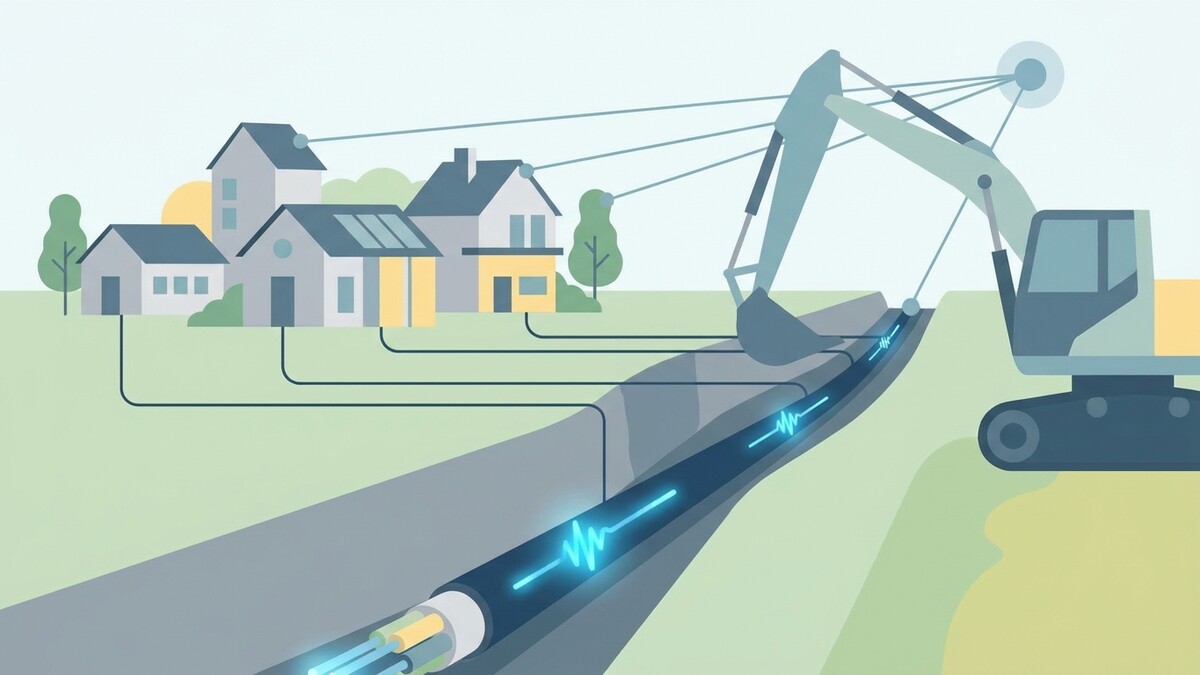 Glasfaserausbau: Bagger gräbt Kabel in die Erde, Häuser werden angeschlossen.