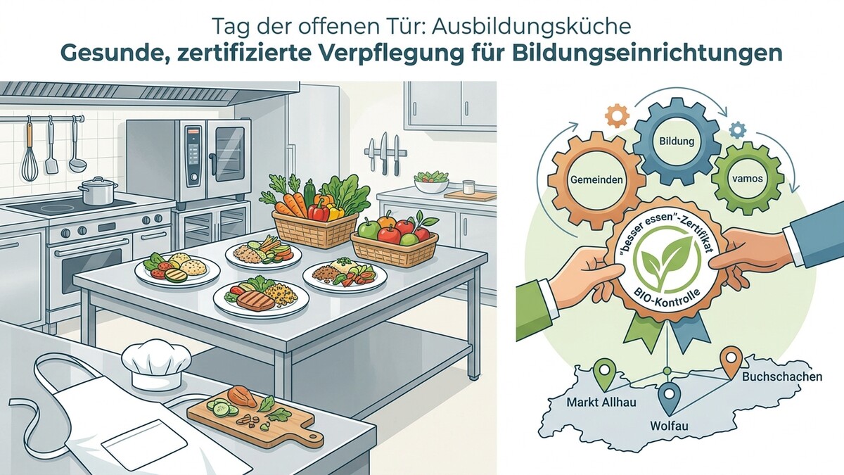 Ausbildungsküche mit zertifizierter BIO-Kontrolle und den Orten Markt Allhau, Wolfau, Buchschachen.