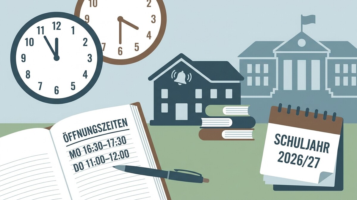 Schuljahr 2026/27 Kalender und Öffnungszeiten in einem geöffneten Buch