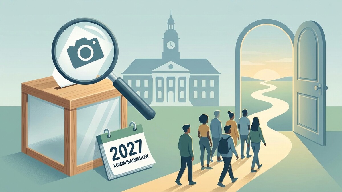 Kommunalwahlen 2027: Wahlurne mit Lupe, Kalender und Menschen vor einem Gebäude mit offener Tür.
