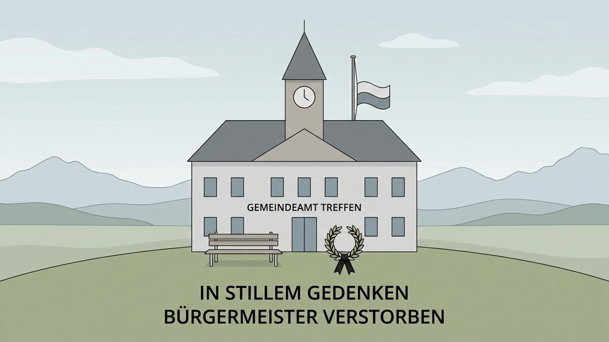 Gemeindeamt Treffen mit Trauerkranz und Fahne auf Halbmast, Bürgermeister verstorben