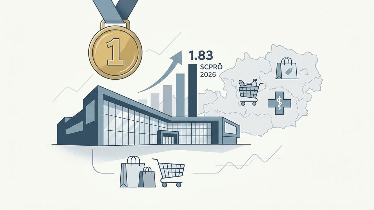 Medaille mit "1", Einkaufszentrum, Diagramm und Österreichkarte mit Symbolen