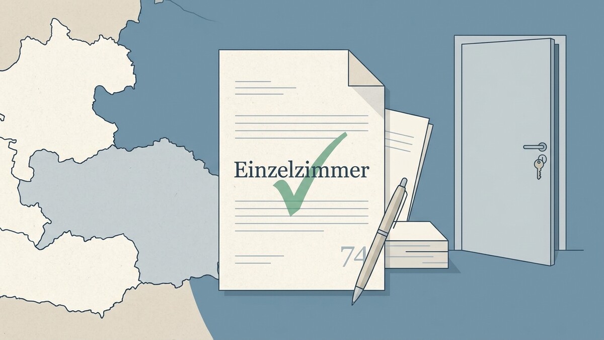 Einzelzimmer-Vertrag mit Häkchen und Schlüssel vor offener Tür, Österreichkarte