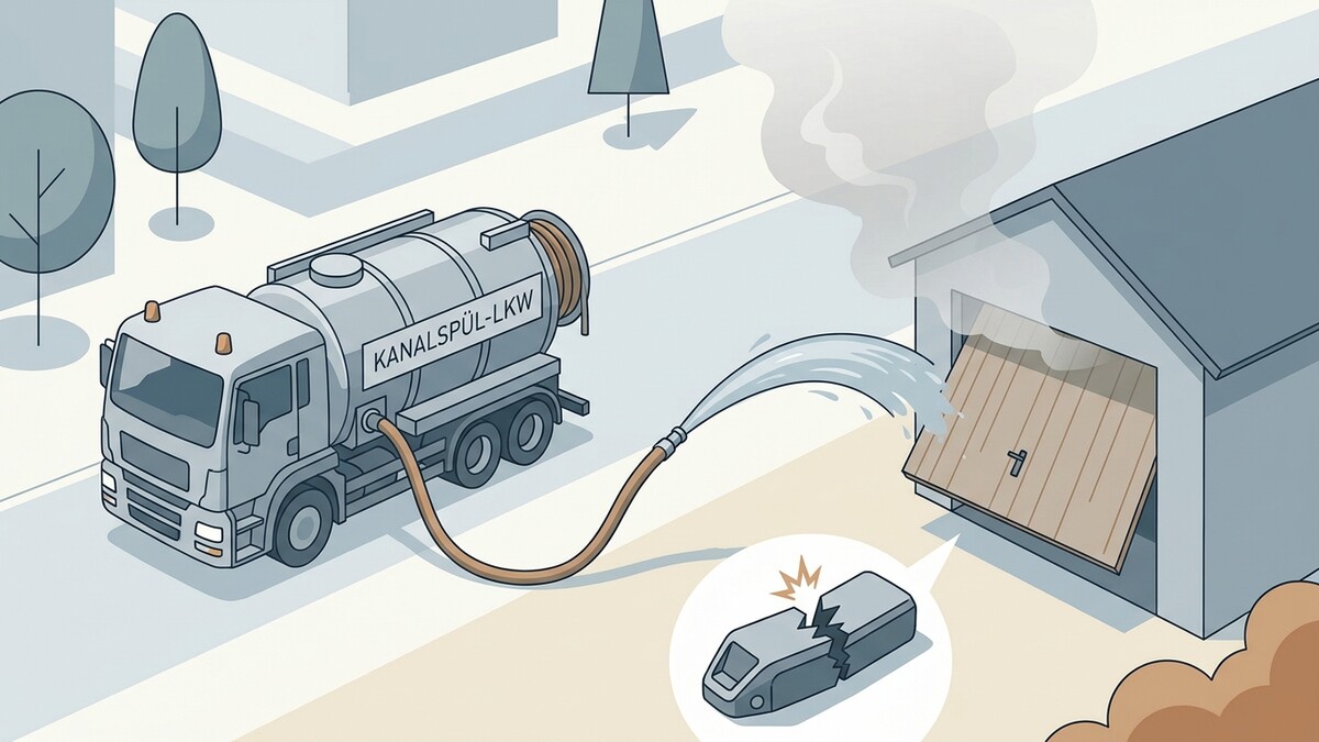 Kanalspül-Lkw spült Garage, Rauch steigt auf, eine zerbrochene Batterie liegt daneben.