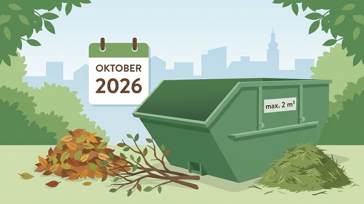 Container für Gartenabfälle im Oktober 2026 mit Laubhaufen und Ästen vor Stadtkulisse