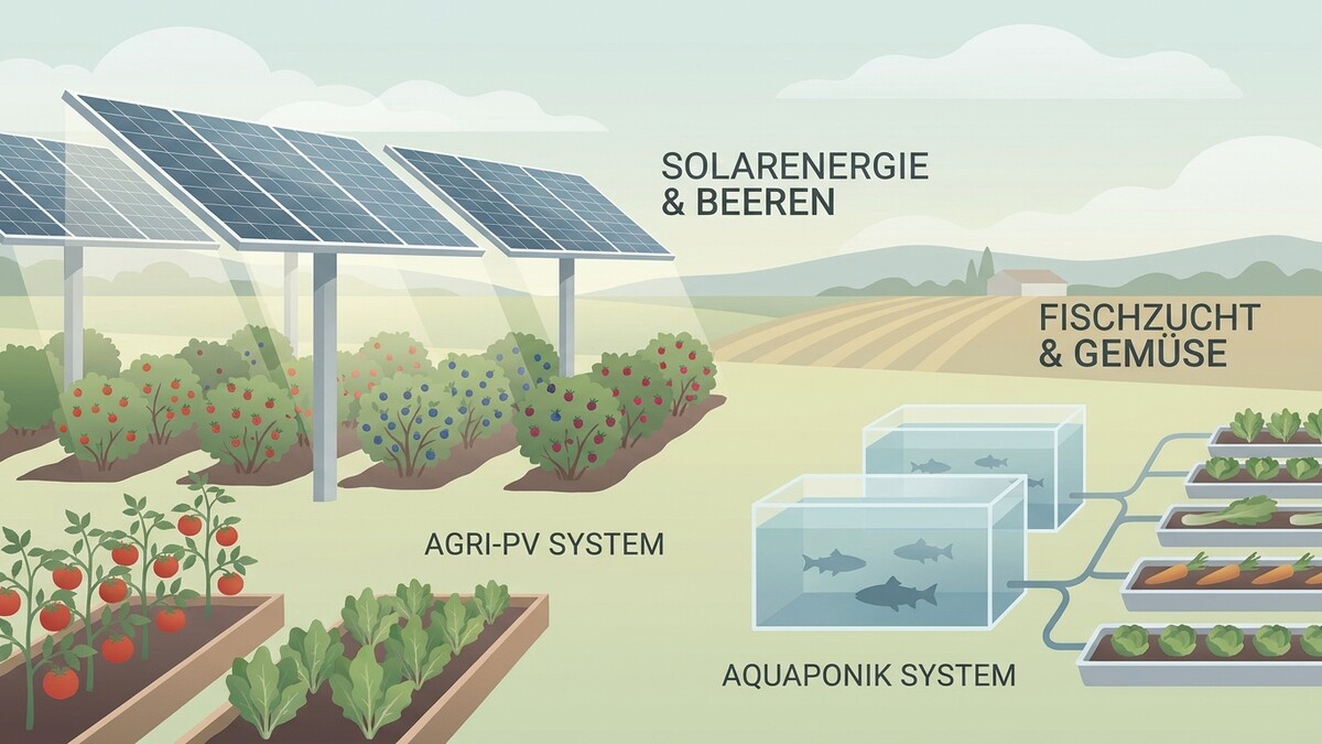Agri-PV-System mit Beerensträuchern unter Solarmodulen, daneben Aquaponik mit Fischbecken und Gemüsebeeten.