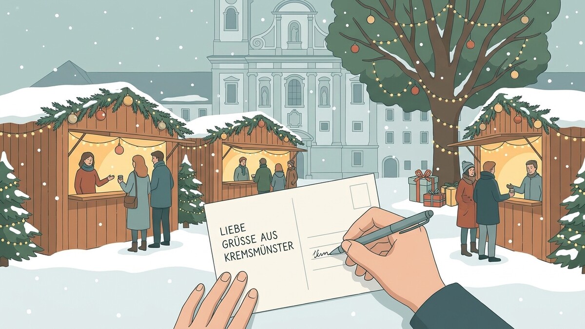 Weihnachtsmarkt Kremsmünster mit Christkindlmarkt-Buden und Menschen, die eine Postkarte schreiben.