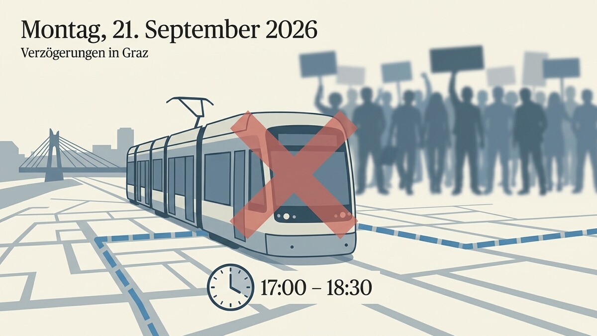 Straßenbahn mit rotem Kreuz in Graz, Demonstration und Uhrzeit 17-18:30