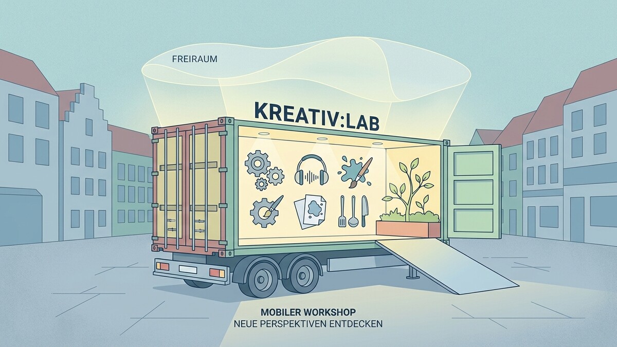Kreativ:Lab mobiler Workshop zeigt Icons für Technik, Musik und Kunst in einem Container