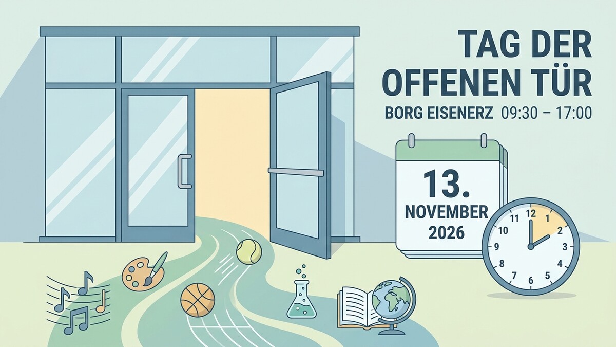 Tag der offenen Tür BORG Eisenerz am 13. November 2026 mit Schul-Symbolen