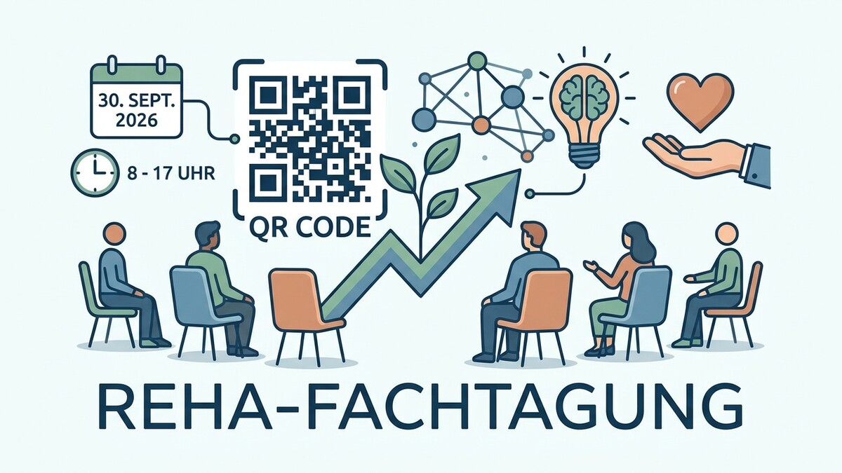 Reha-Fachtagung am 30. Sept. 2026 von 8-17 Uhr mit QR-Code und Symbolen