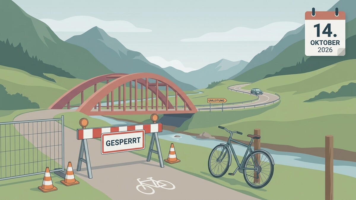 Gesperrte Brücke mit Umleitungsschild und Fahrrad im Gebirge, 14. Oktober 2026
