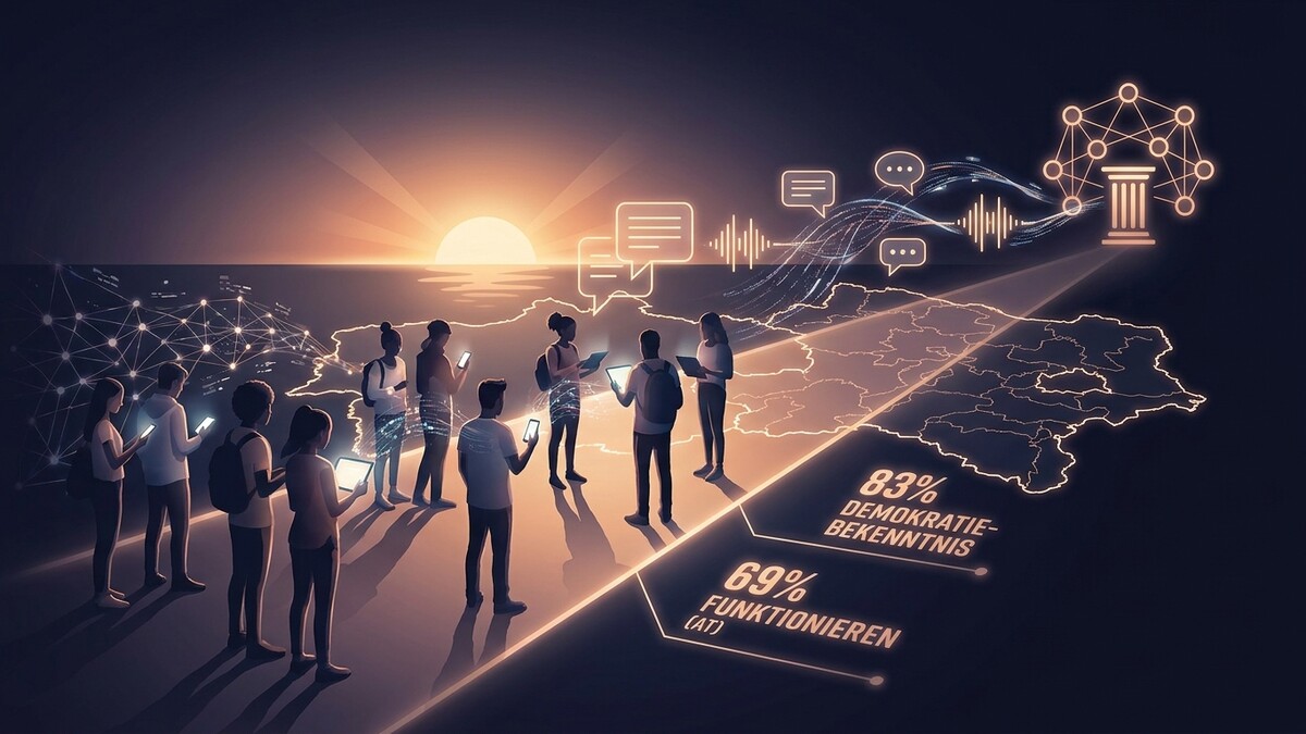 Digital vernetzte Menschen vor der Kulisse des Sonnenuntergangs und einer Karte Österreichs mit Statistiken.