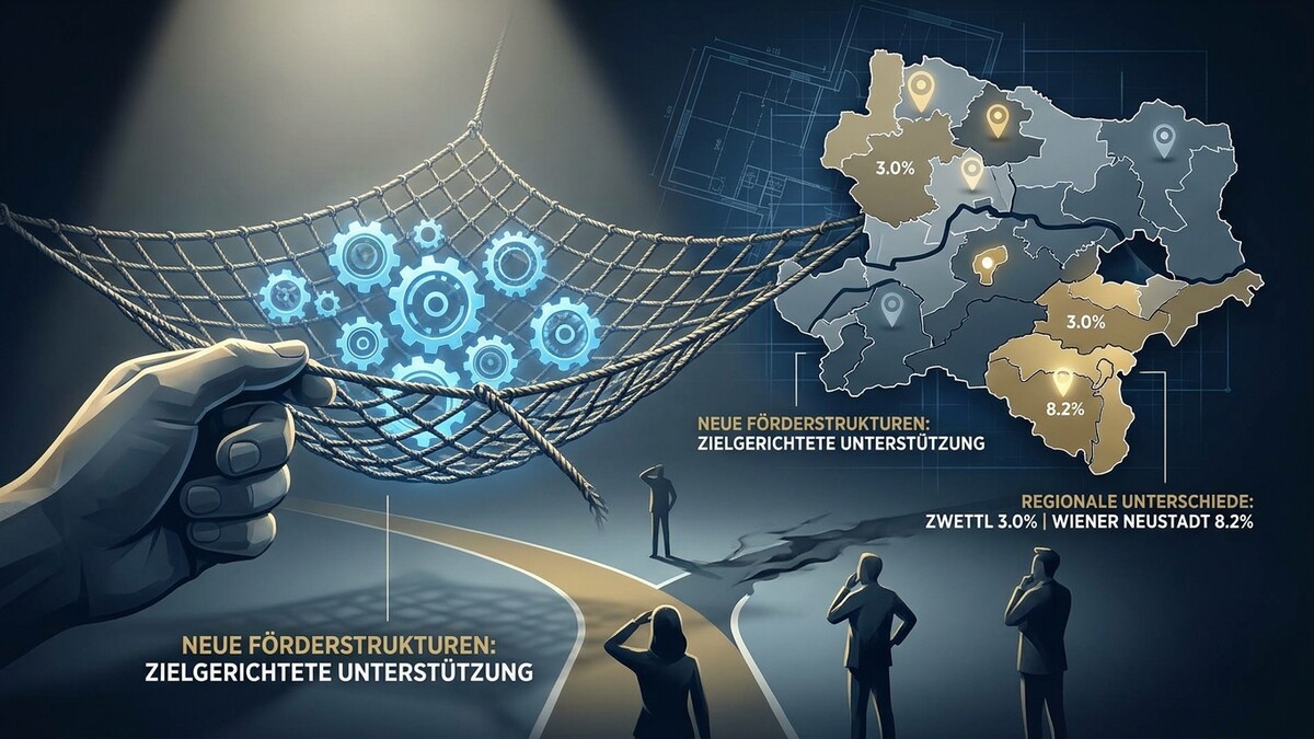 Fördermittel: Zahnräder in Netz, Österreichkarte mit Prozentangaben, drei Personen blicken in die Ferne