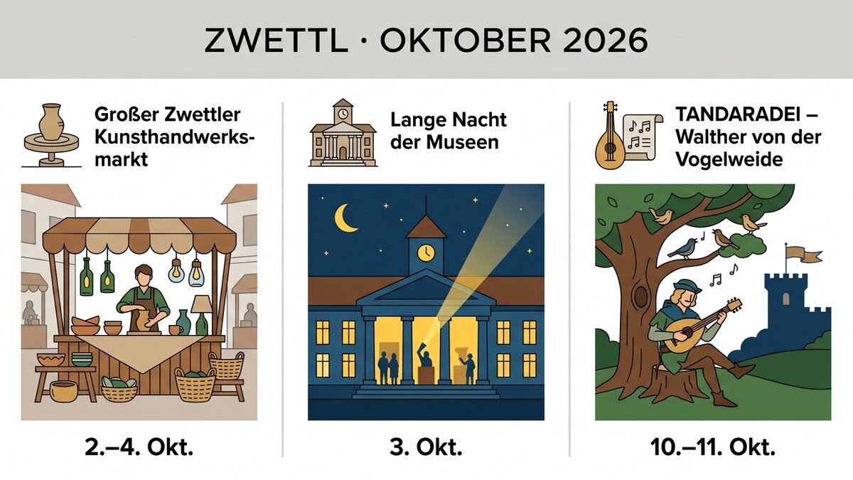 Zwettl Oktober 2026: Kunsthandwerksmarkt, Lange Nacht der Museen, Tandaradei mit Walther von der Vogelweide.