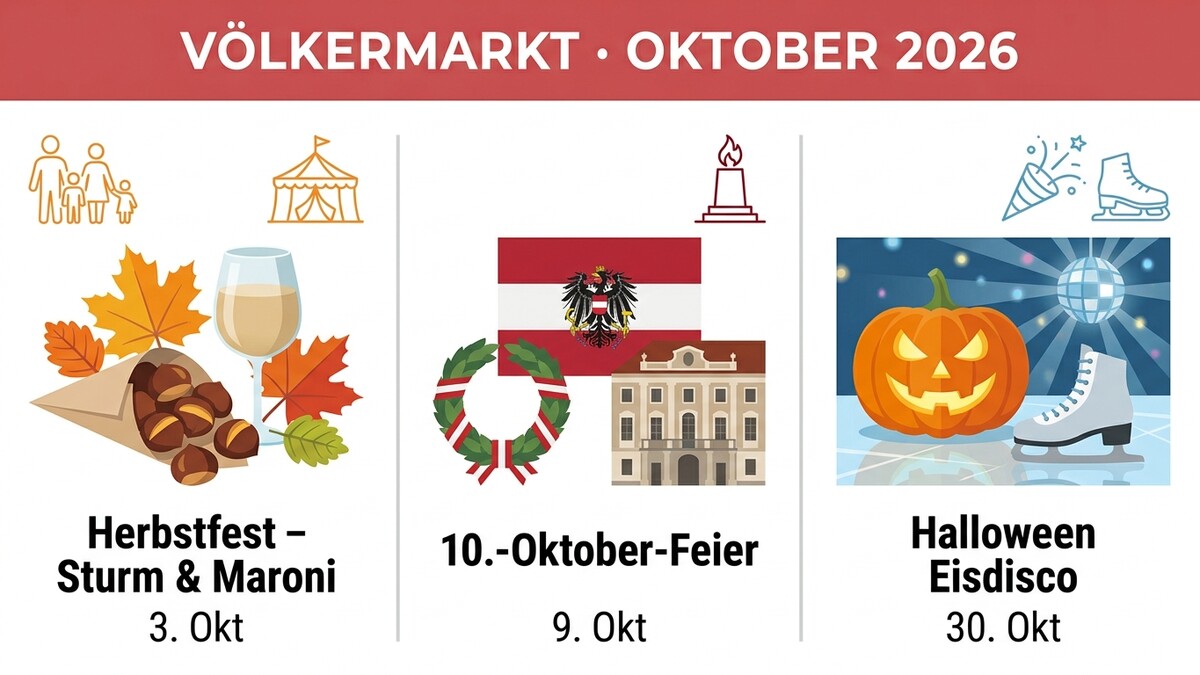 Völkermarkt Oktober 2026: Herbstfest, 10. Oktober-Feier und Halloween Eisdisco mit Kürbis.