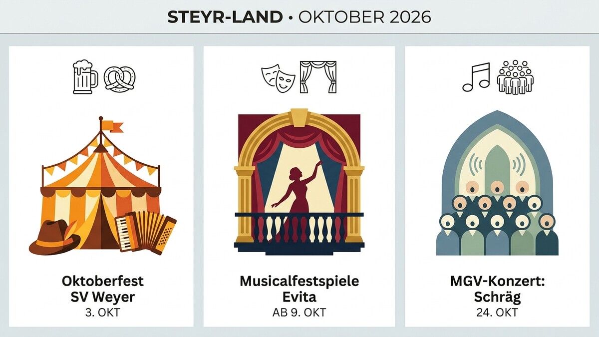 Oktoberfest SV Weyer, Musicalfestspiele Evita und MGV-Konzert Schräg in Steyr-Land.