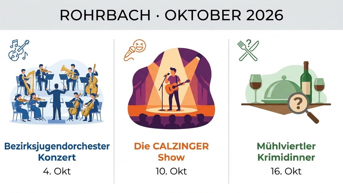 Rohrbach Oktober 2026: Bezirksjugendorchester, Calzinger Show und Mühlviertler Krimidinner