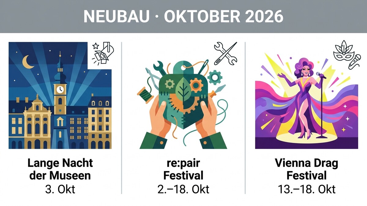 Neubau Oktober 2026: Lange Nacht der Museen, re:pair Festival und Vienna Drag Festival
