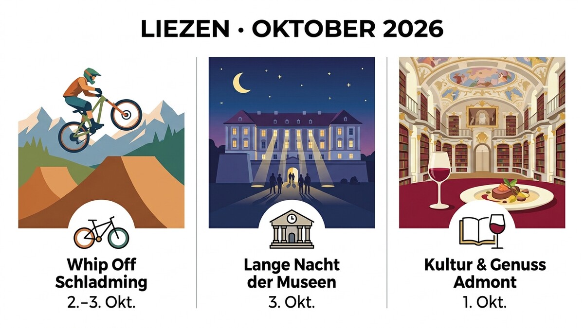 Liezen Oktober 2026: Mountainbiker bei Whip Off Schladming, Nachtansicht Schloss, Kultur & Genuss Admont.