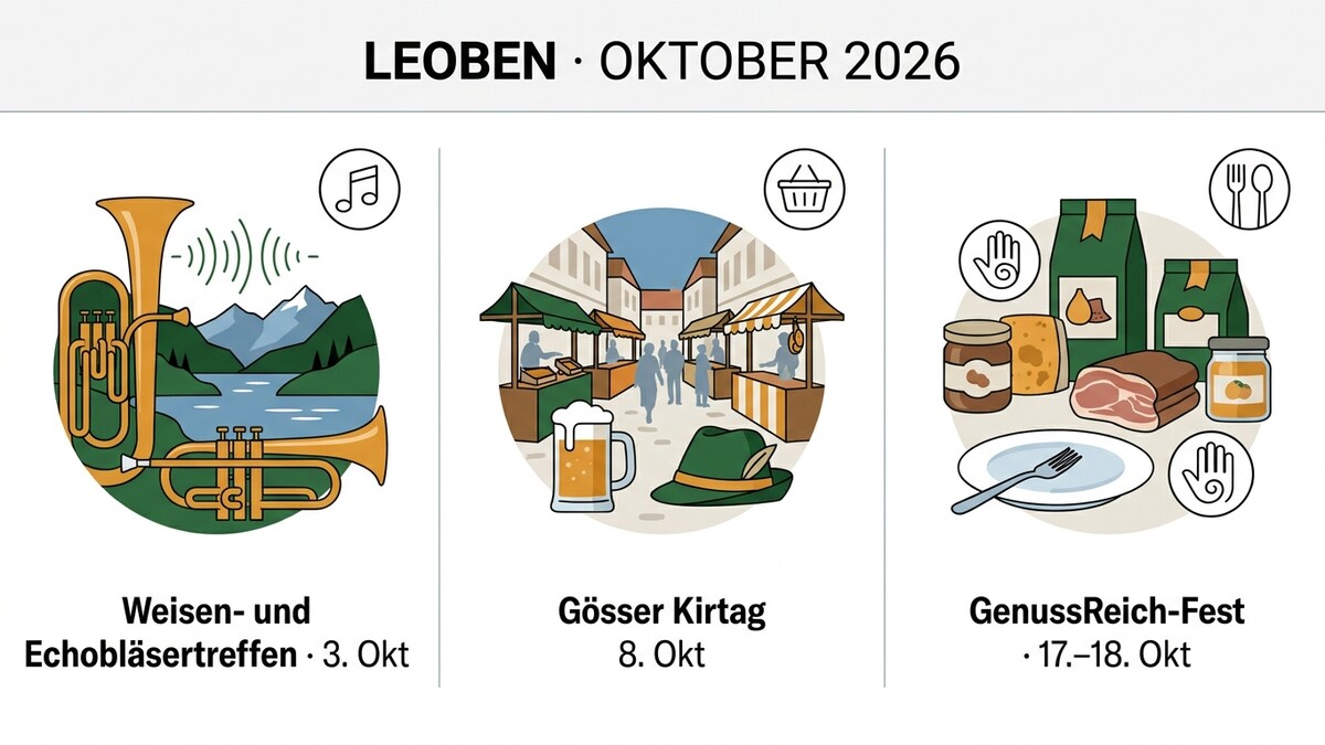 Leoben Oktober 2026: Musik, Markt und Genuss. Illustrationen von Veranstaltungen.