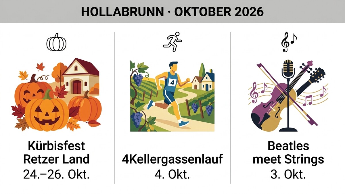 Kürbis, Läufer und Musikinstrumente in Illustrationen für Hollabrunn-Veranstaltungen im Oktober 2026
