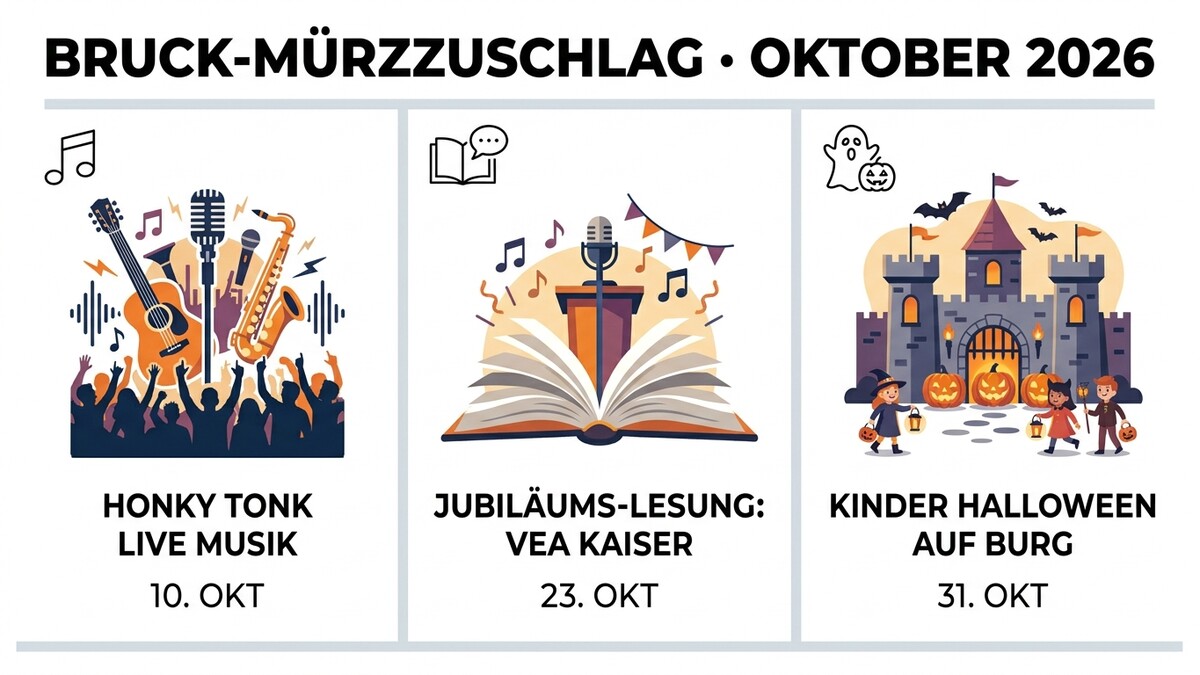 Bruck-Mürzzuschlag: Honky Tonk Live Musik, Vea Kaiser Lesung und Kinder Halloween auf Burg im Oktober 2026