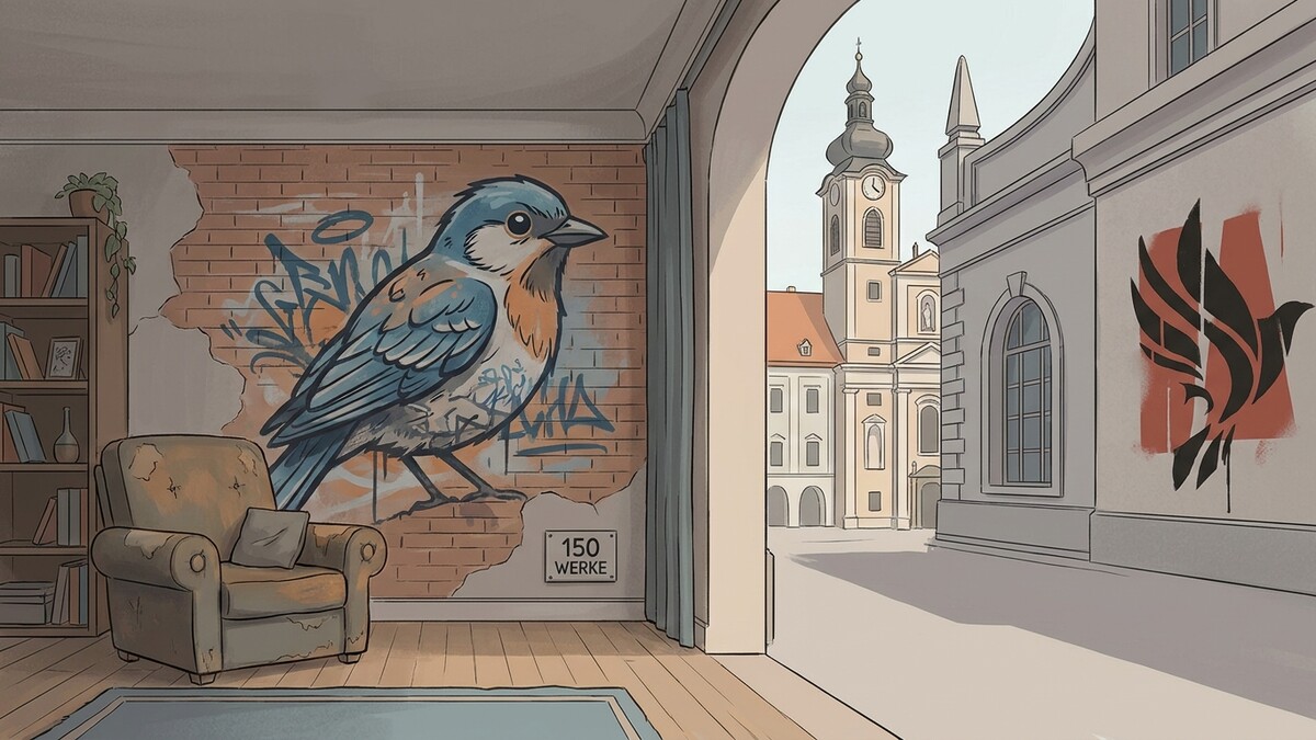 Vogel-Graffiti an Ziegelwand mit Sessel im Vordergrund, Blick auf barocke Kirche in Wien