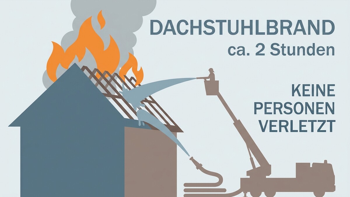 Dachstuhlbrand mit Feuerwehrmann im Korb löscht mit Wasser, keine Personen verletzt.