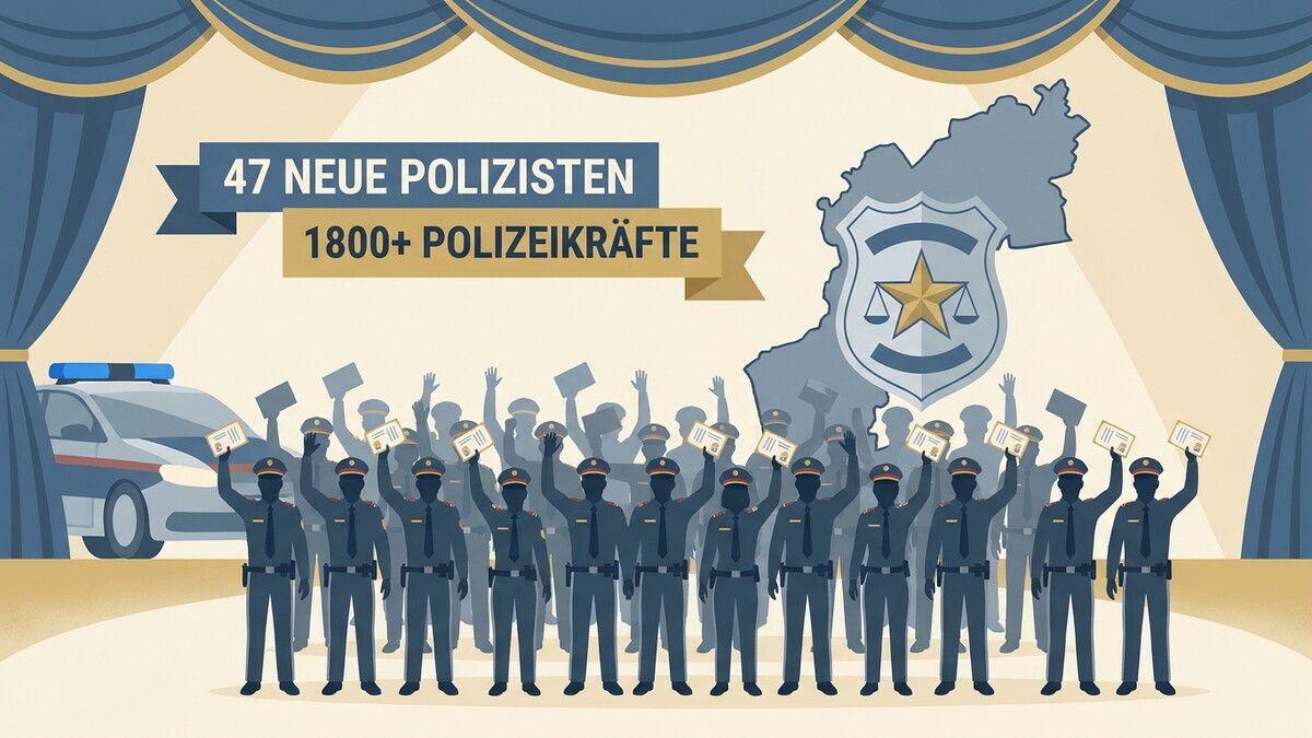 Polizisten halten Urkunden in die Höhe, Polizeiauto und Wappen vor Vorhang
