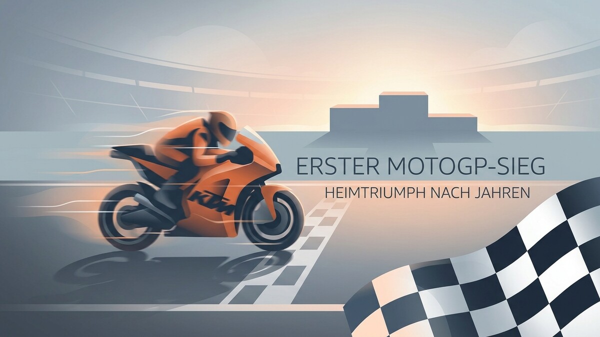Motorradrennfahrer auf KTM-Bike überquert Ziellinie, Podium, Rennstrecke