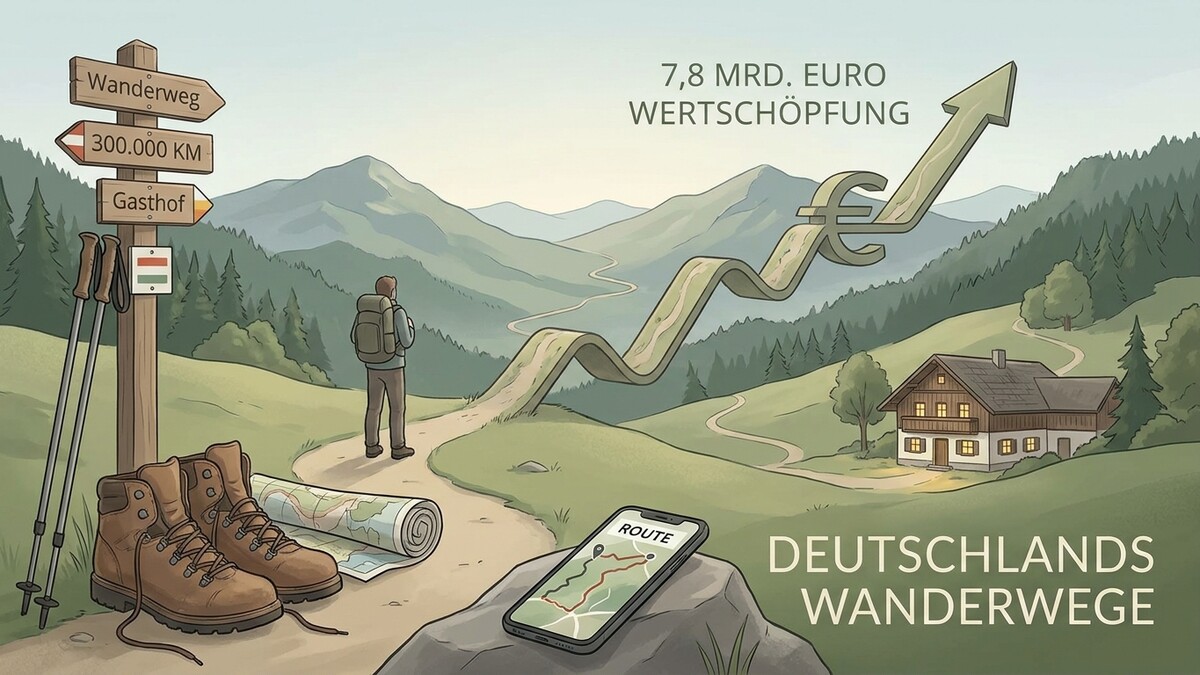 Wanderwege in Deutschland: Wanderstiefel, Karte, Handy und ein Wegweiser mit 300.000 km.