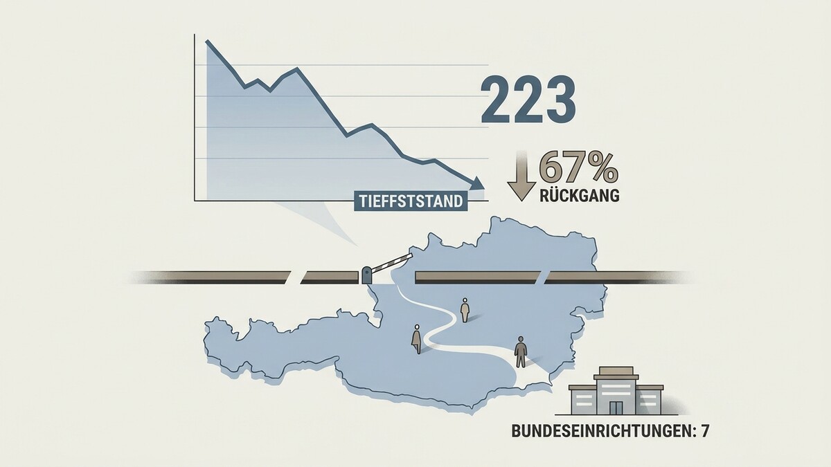 Österreich-Karte mit Grafik, Tiefststand, 223 und 67% Rückgang, 7 Bundeseinrichtungen