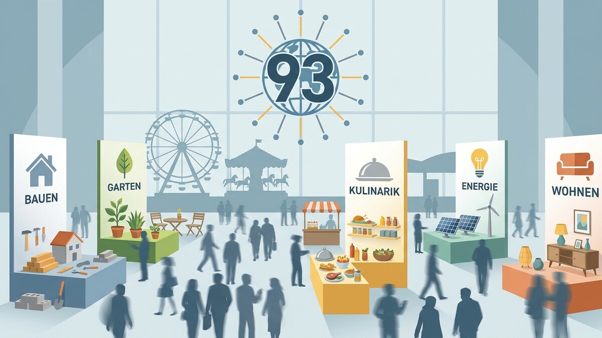 Messe mit Ständen zu Bauen, Garten, Kulinarik, Energie und Wohnen, Riesenrad im Hintergrund.